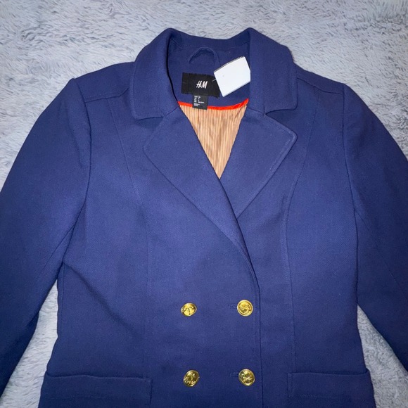 H&M Womens 6 Navy Blue Double Breasted Captains Gold Anchor Button Blazer Jacket - Picture 4 of 12